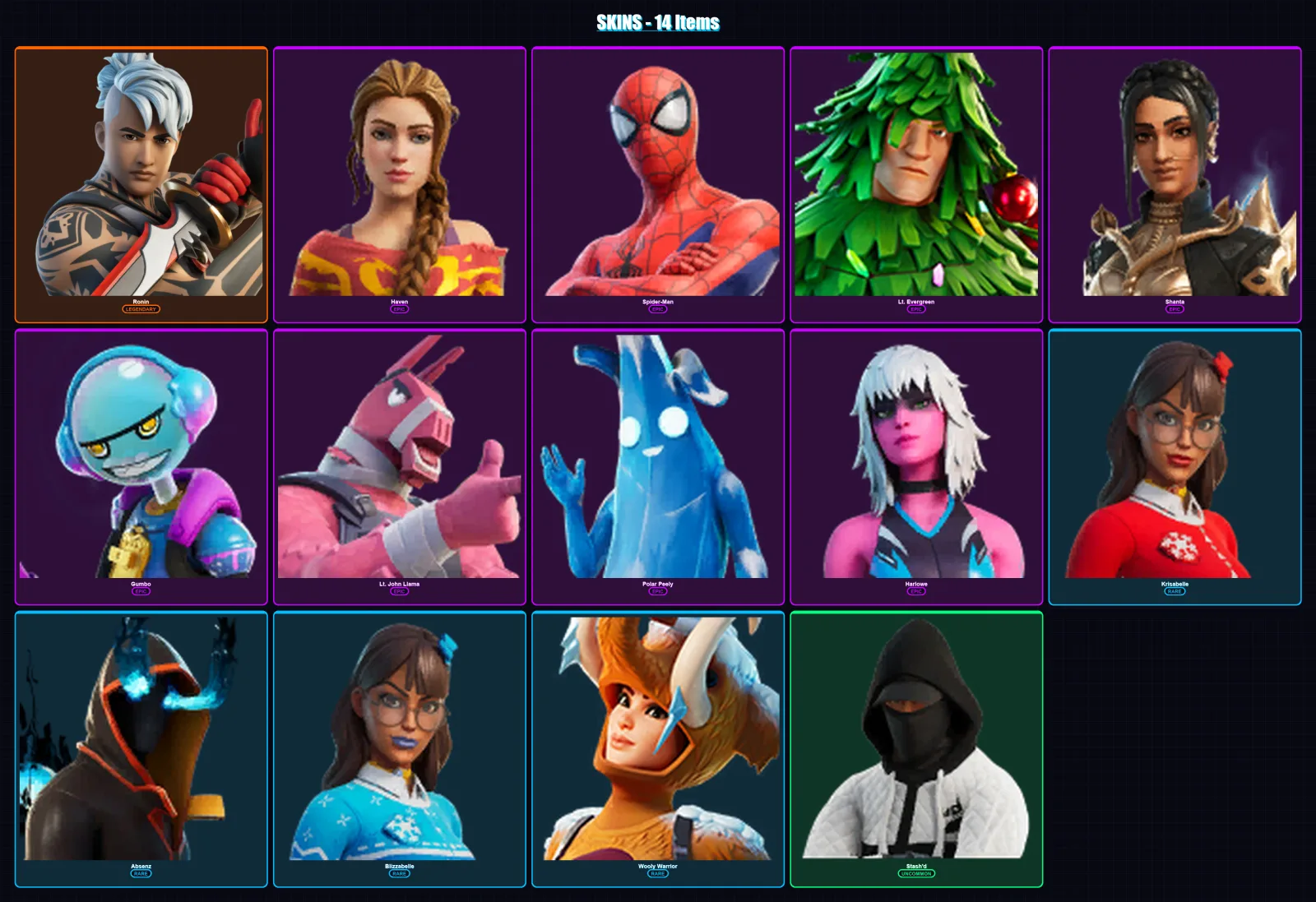 [PC/XBOX/PSN] | Ronin | Haven | Spider-Man | Lt. Evergreen | Shanta | 14 skin | 17 pickaxe | 17 emote | 19 glider | Lv262