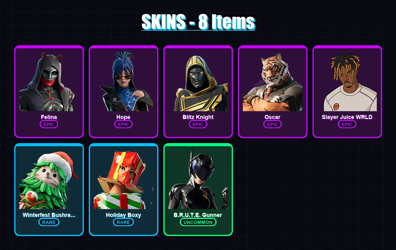 [SWITCH/PSN/PC] | Felina | Hope | Blitz Knight | Oscar | Slayer Juice WRLD | 8 skin | 29 pickaxe | 14 emote | 23 glider | Lv414