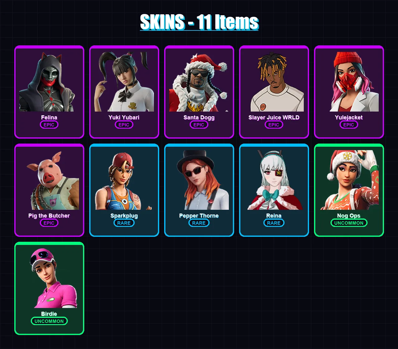 [PC/XBOX/PSN] | Felina | Yuki Yubari | Santa Dogg | Slayer Juice WRLD | Yulejacket | 11 skin | 67 pickaxe | 22 emote | 39 glider | Lv845
