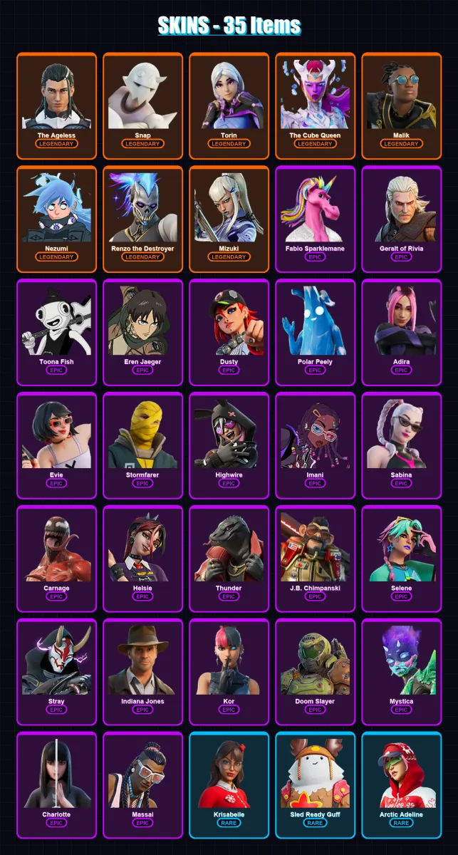 [PS4/PS5/XBOX/PC] | The Ageless | Snap | Torin | The Cube Queen | Malik | 35 skin | 46 pickaxe | 41 emote | 52 glider | Lv864