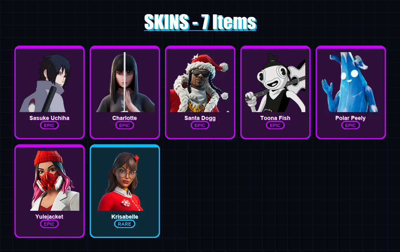 [PC/XBOX/PSN] | Sasuke Uchiha | Charlotte | Santa Dogg | Toona Fish | Polar Peely | 7 skin | 27 pickaxe | 26 emote | 23 glider | Lv491