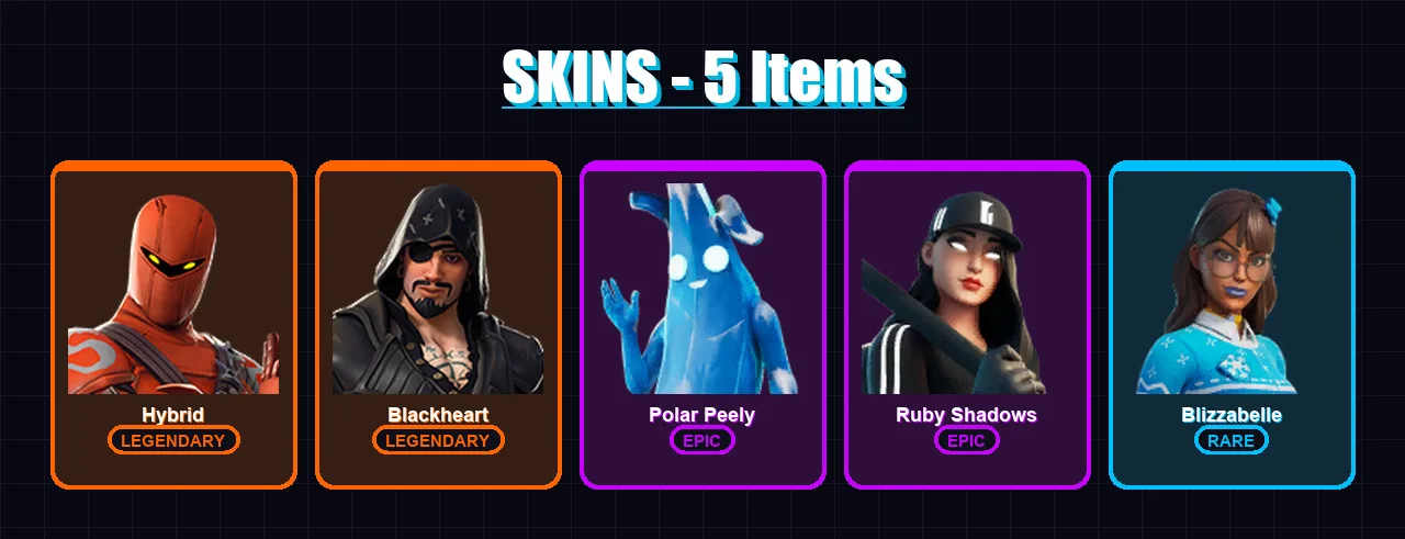 [PC/XBOX/PSN] | Hybrid | Blackheart | Polar Peely | Ruby Shadows | Blizzabelle | 5 skin | 10 pickaxe | 9 emote | 11 glider | Lv126