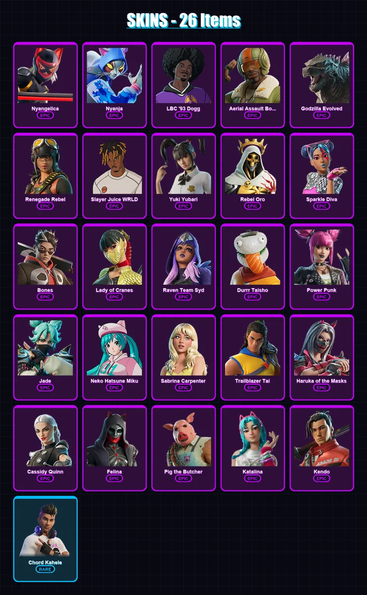 [PC/PSN] | Nyangelica | Nyanja | LBC '93 Dogg | Aerial Assault Bomber | Godzilla Evolved | 26 skin | 45 pickaxe | 28 emote | 22 glider | Lv222