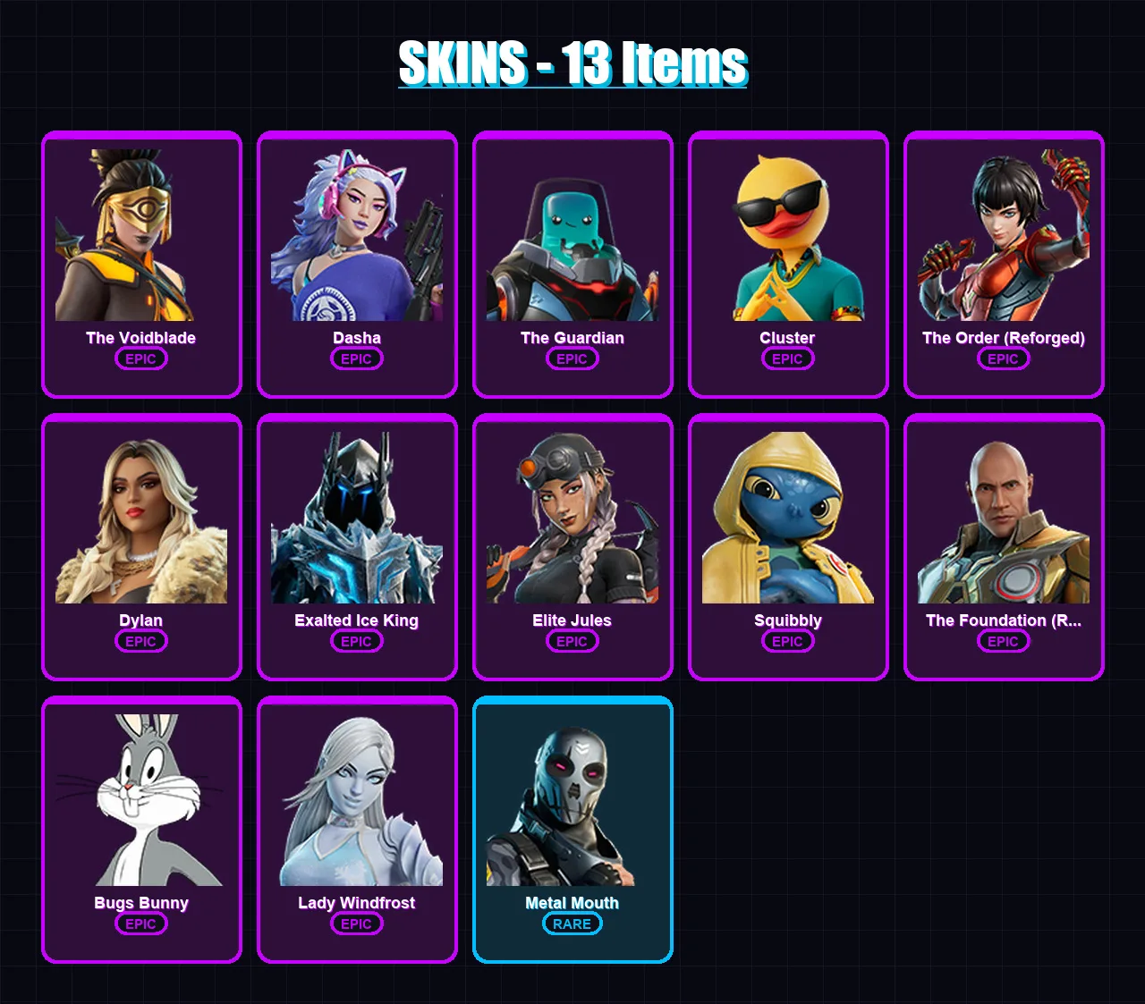 [PS4/PS5/XBOX/PC] | The Voidblade | Dasha | The Guardian | Cluster | The Order (Reforged) | 13 skin | 19 pickaxe | 15 emote | 17 glider | Lv160