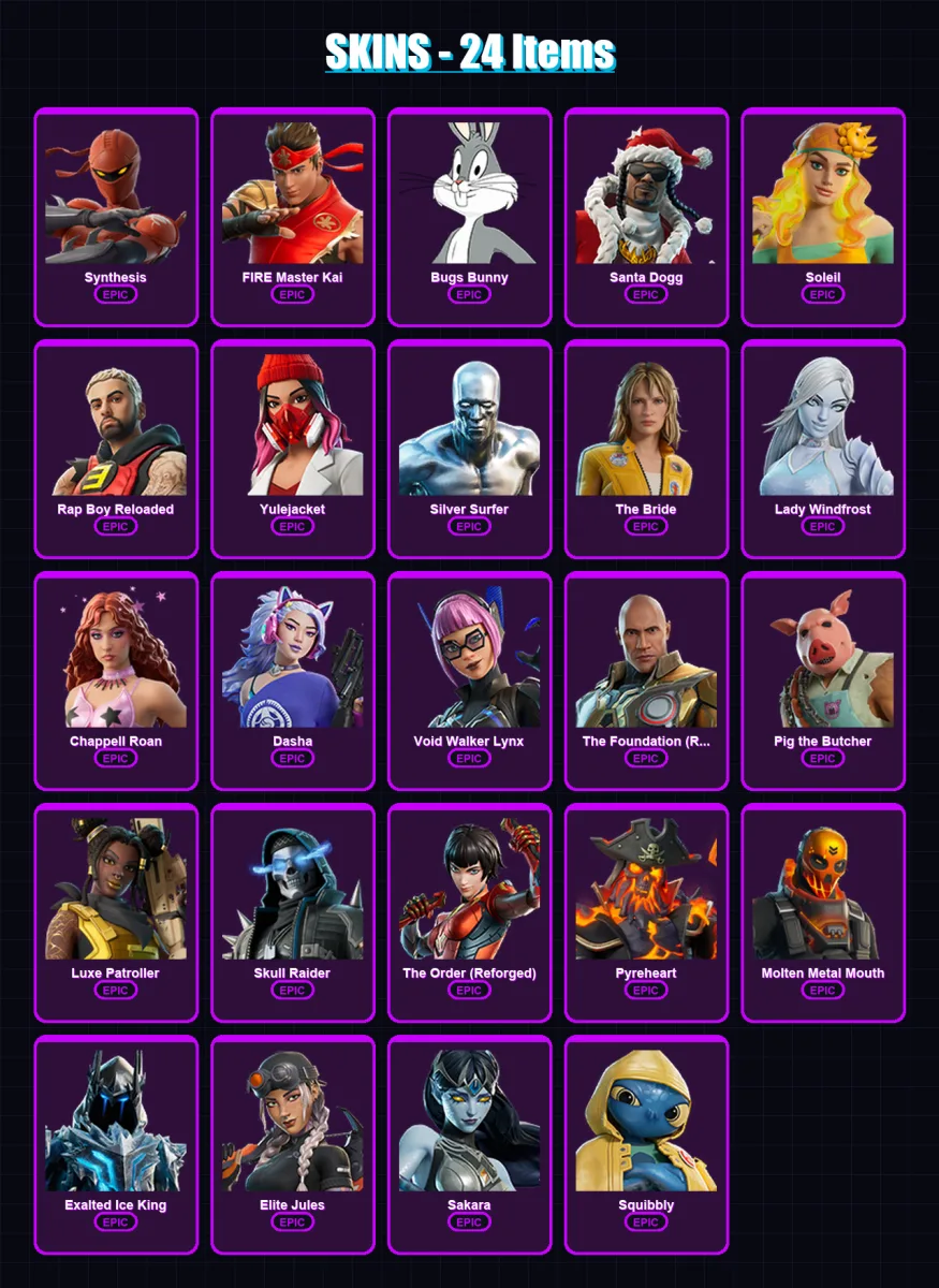 [PC/XBOX/PSN] | Synthesis | FIRE Master Kai | Bugs Bunny | Santa Dogg | Soleil | 24 skin | 36 pickaxe | 19 emote | 21 glider | Lv143