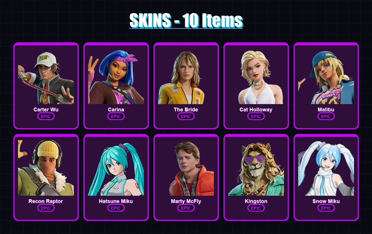 [PC/PSN] | Carter Wu | Carina | The Bride | Cat Holloway | Malibu | 10 skin | 37 pickaxe | 19 emote | 22 glider | Lv199