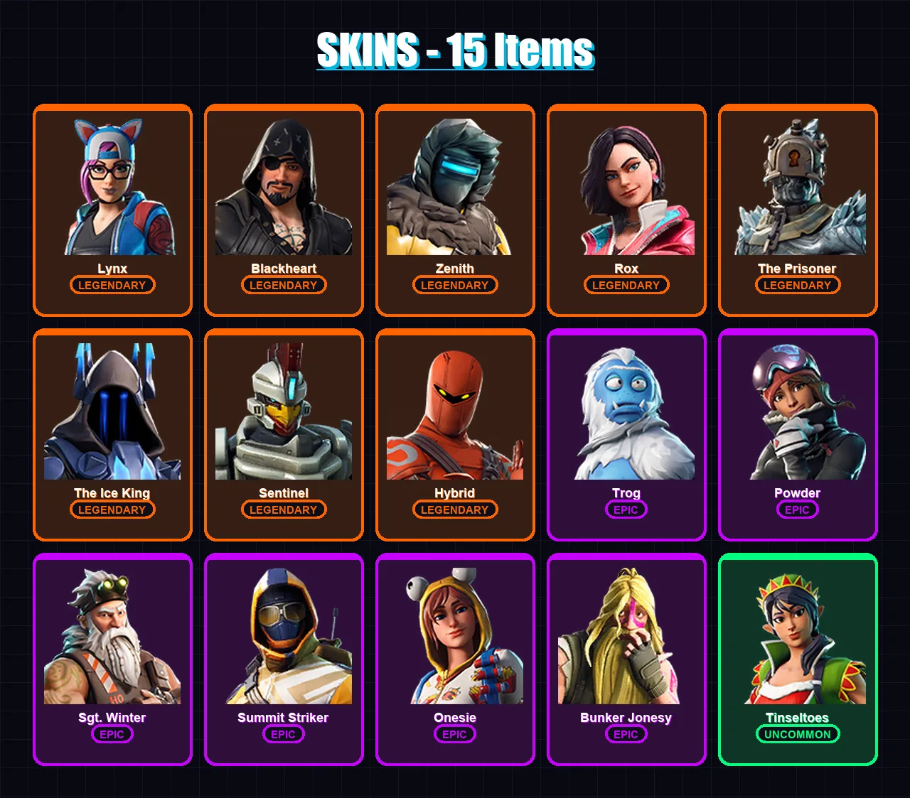 [PC/XBOX/PSN] | Lynx | Blackheart | Zenith | Rox | The Prisoner | 15 skin | 11 pickaxe | 19 emote | 13 glider | Lv165