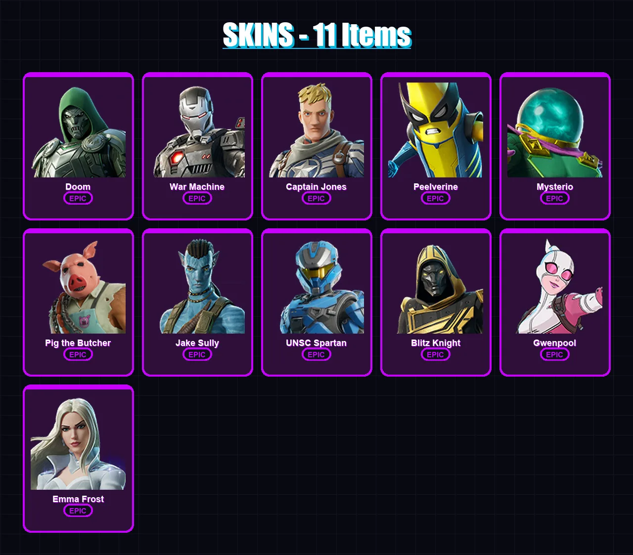 [PC] | Doom | War Machine | Captain Jones | Peelverine | Mysterio | 11 skin | 62 pickaxe | 30 emote | 42 glider | Lv791