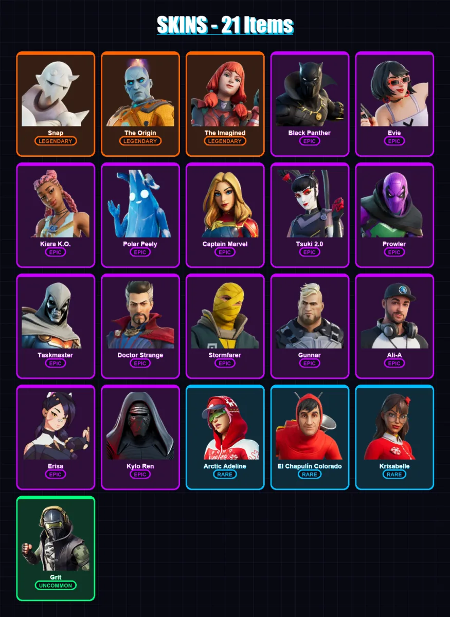 [SWITCH/XBOX/PSN/PC] | Snap | The Origin | The Imagined | Black Panther | Evie | 21 skin | 31 pickaxe | 20 emote | 30 glider | Lv444