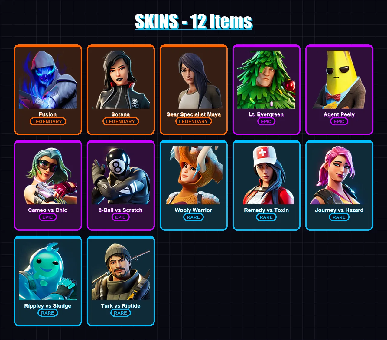 [PC/PSN] | Fusion | Sorana | Gear Specialist Maya | Lt. Evergreen | Agent Peely | 12 skin | 13 pickaxe | 12 emote | 13 glider | Lv269
