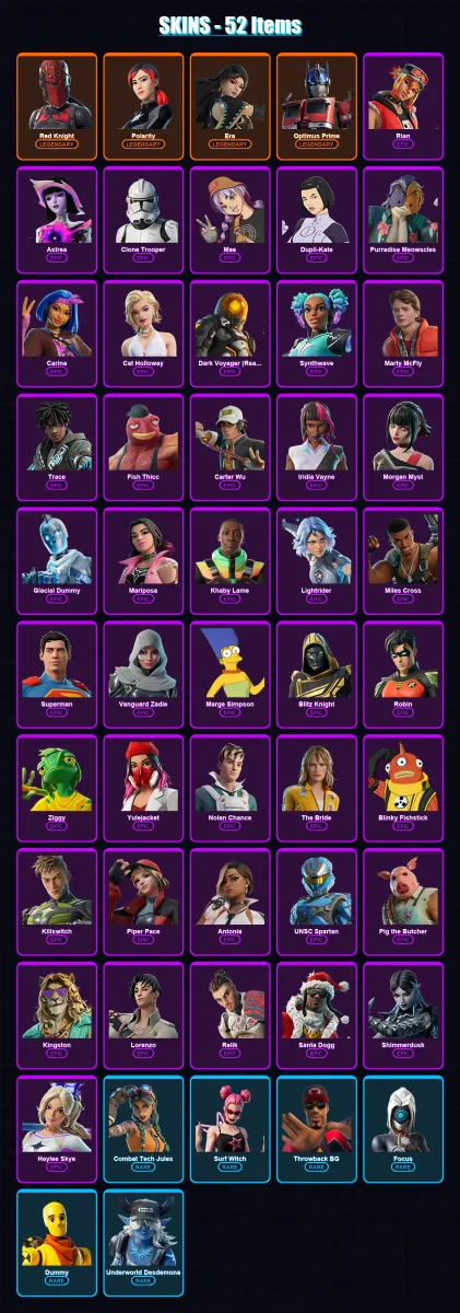 [PS4/PS5/XBOX/PC] | Red Knight | Polarity | Era | Optimus Prime | Rian | 52 skin | 112 pickaxe | 70 emote | 75 glider | Lv1542