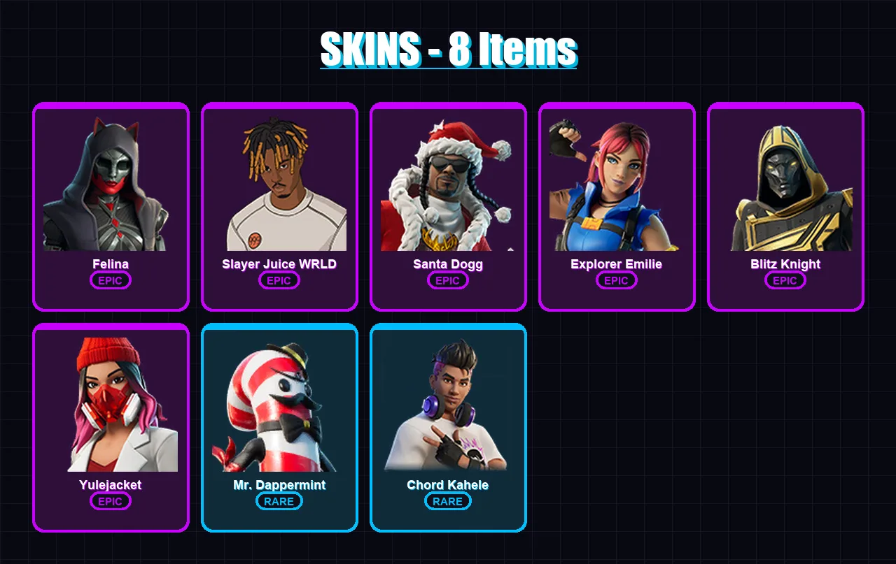 [PC/PSN] | Felina | Slayer Juice WRLD | Santa Dogg | Explorer Emilie | Blitz Knight | 8 skin | 47 pickaxe | 28 emote | 25 glider | Lv443