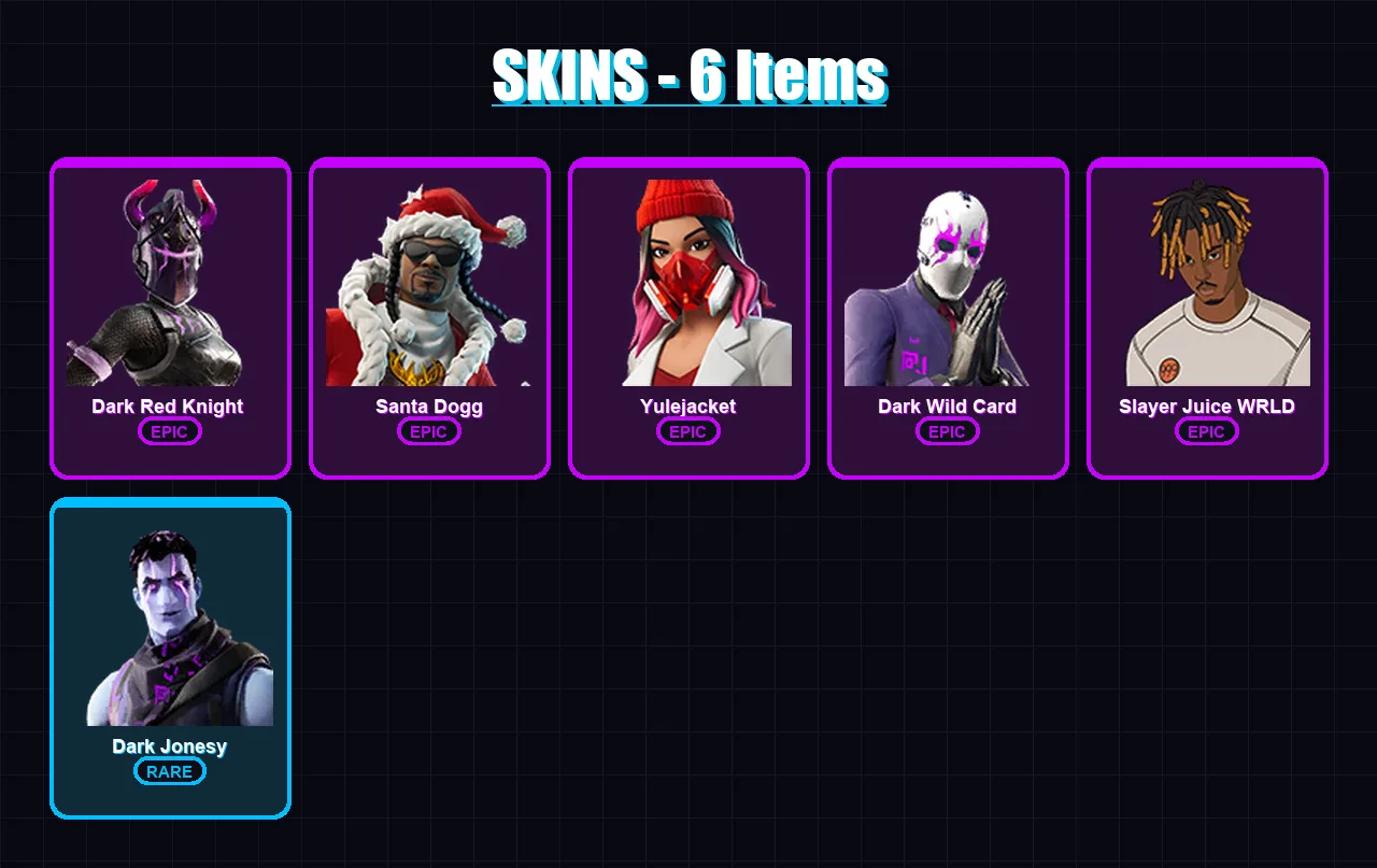 [PC/XBOX/PSN] | Dark Red Knight  | Santa Dogg | Yulejacket | Dark Wild Card | Slayer Juice WRLD | 6 skin | 22 pickaxe | 8 emote | 14 glider | Lv105