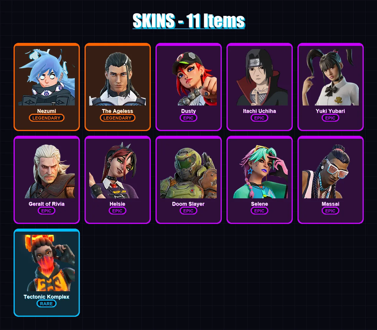 [PC/PSN] | Nezumi | The Ageless | Dusty | Itachi Uchiha | Yuki Yubari | 11 skin | 27 pickaxe | 25 emote | 25 glider | Lv363