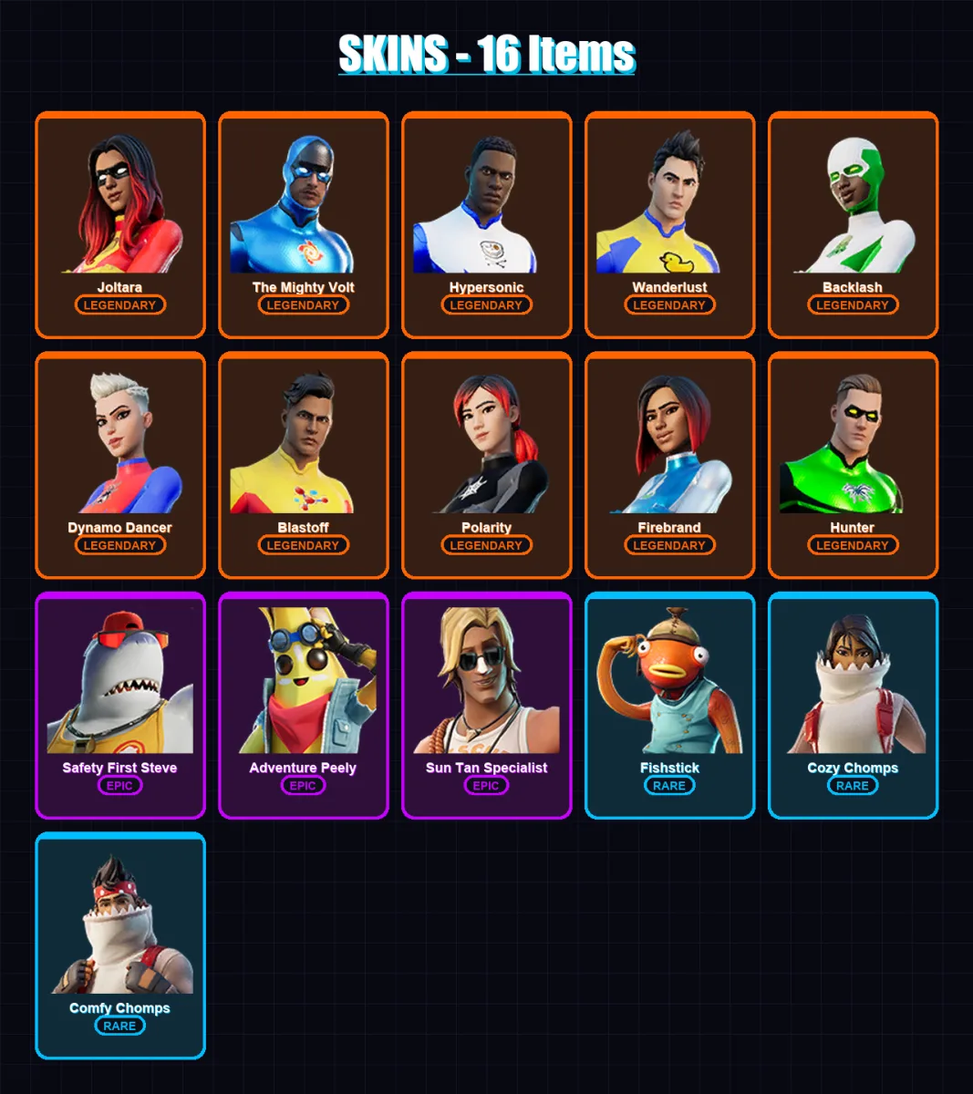 [PC/PSN] | Joltara | The Mighty Volt | Hypersonic | Wanderlust | Backlash | 16 skin | 5 pickaxe | 2 emote | 4 glider | Lv7
