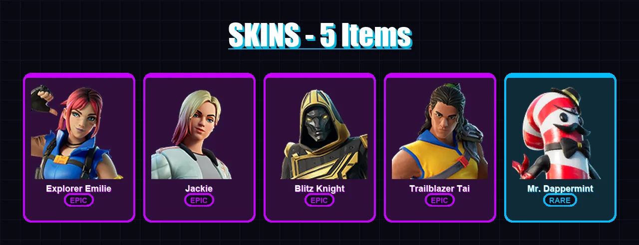 [PS4/PS5/XBOX/PC] | Explorer Emilie | Jackie | Blitz Knight | Trailblazer Tai | Mr. Dappermint | 5 skin | 11 pickaxe | 3 emote | 9 glider | Lv78