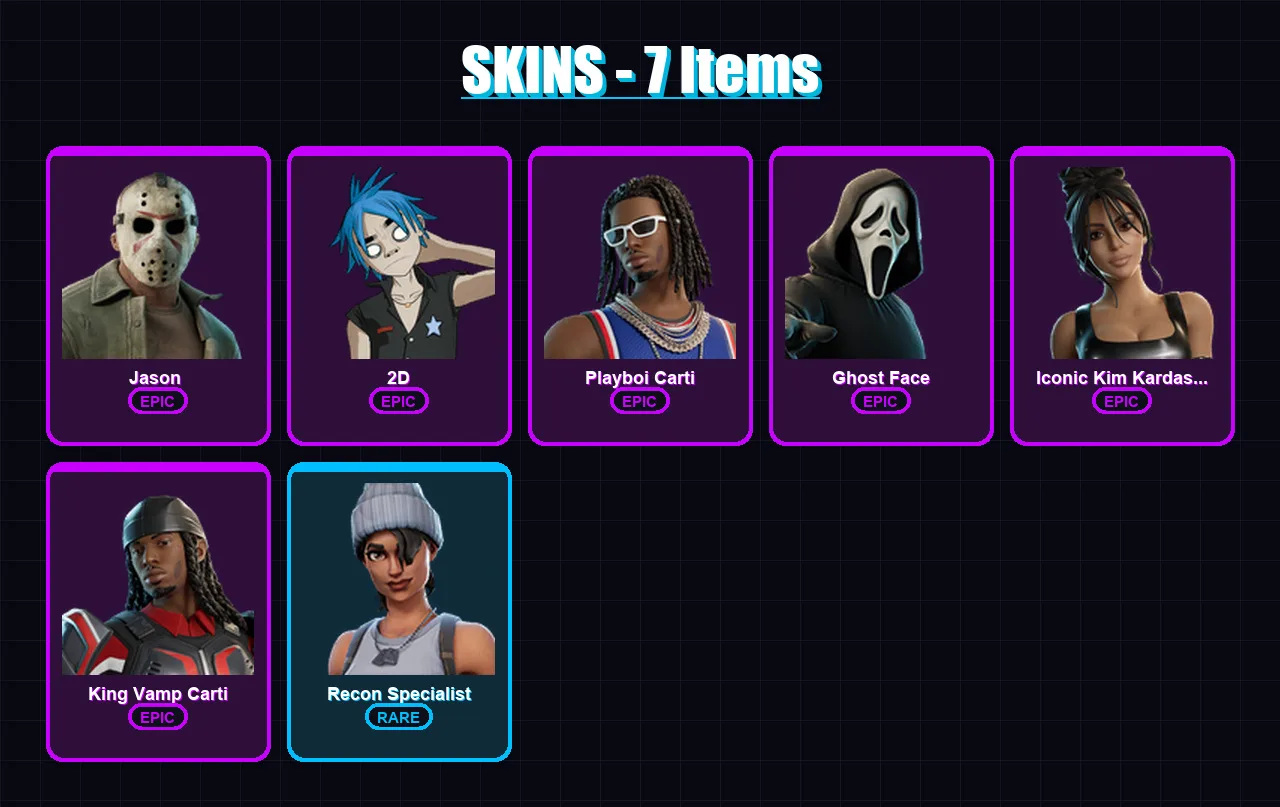 [PC/PSN] | Jason  | 2D | Playboi Carti | Ghost Face | Iconic Kim Kardashian | 7 skin | 14 pickaxe | 8 emote | 11 glider | Lv275