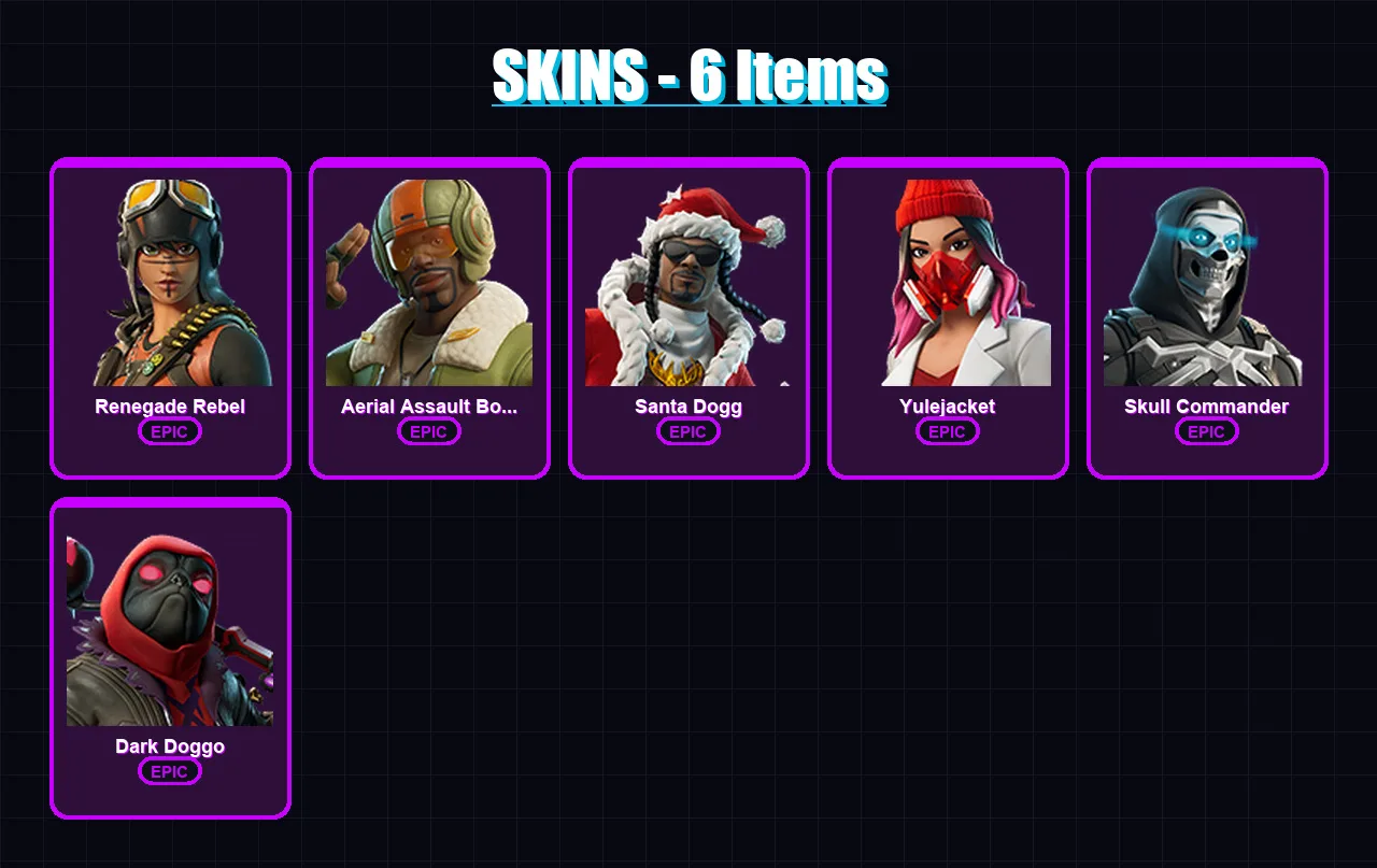 [PC/XBOX/PSN] | Renegade Rebel | Aerial Assault Bomber | Santa Dogg | Yulejacket | Skull Commander | 6 skin | 15 pickaxe | 9 emote | 13 glider | Lv1