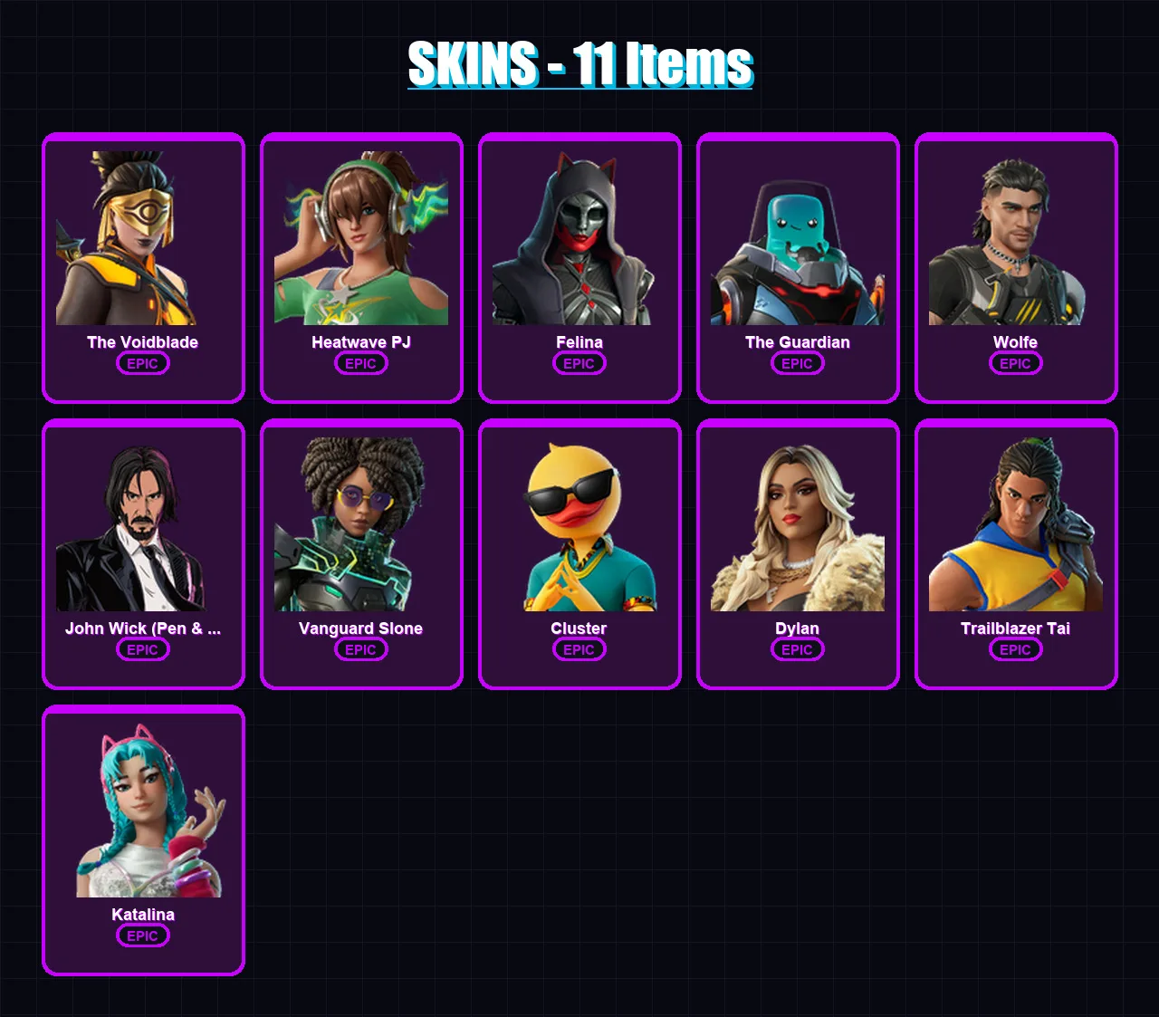 [PC/PSN] | The Voidblade | Heatwave PJ | Felina | The Guardian | Wolfe | 11 skin | 36 pickaxe | 20 emote | 26 glider | Lv460
