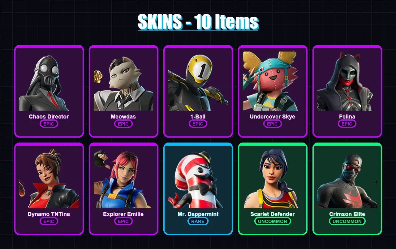 [PC/XBOX/PSN] | Chaos Director | Meowdas | 1-Ball | Undercover Skye | Felina | 10 skin | 32 pickaxe | 18 emote | 21 glider | Lv404