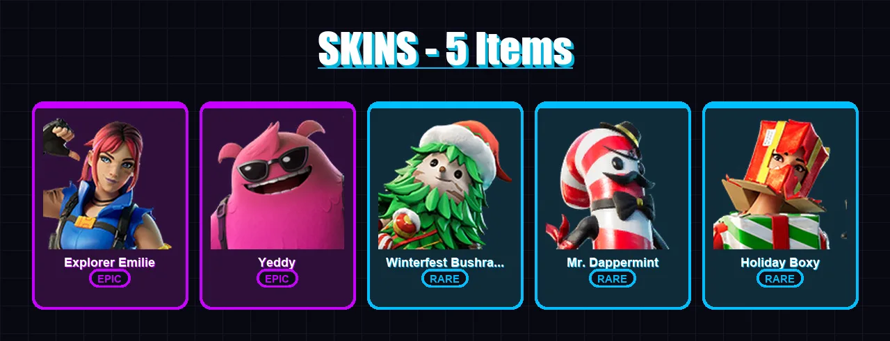 [PC/XBOX/PSN] | Explorer Emilie | Yeddy | Winterfest Bushranger | Mr. Dappermint | Holiday Boxy | 5 skin | 6 pickaxe | 2 emote | 5 glider | Lv39