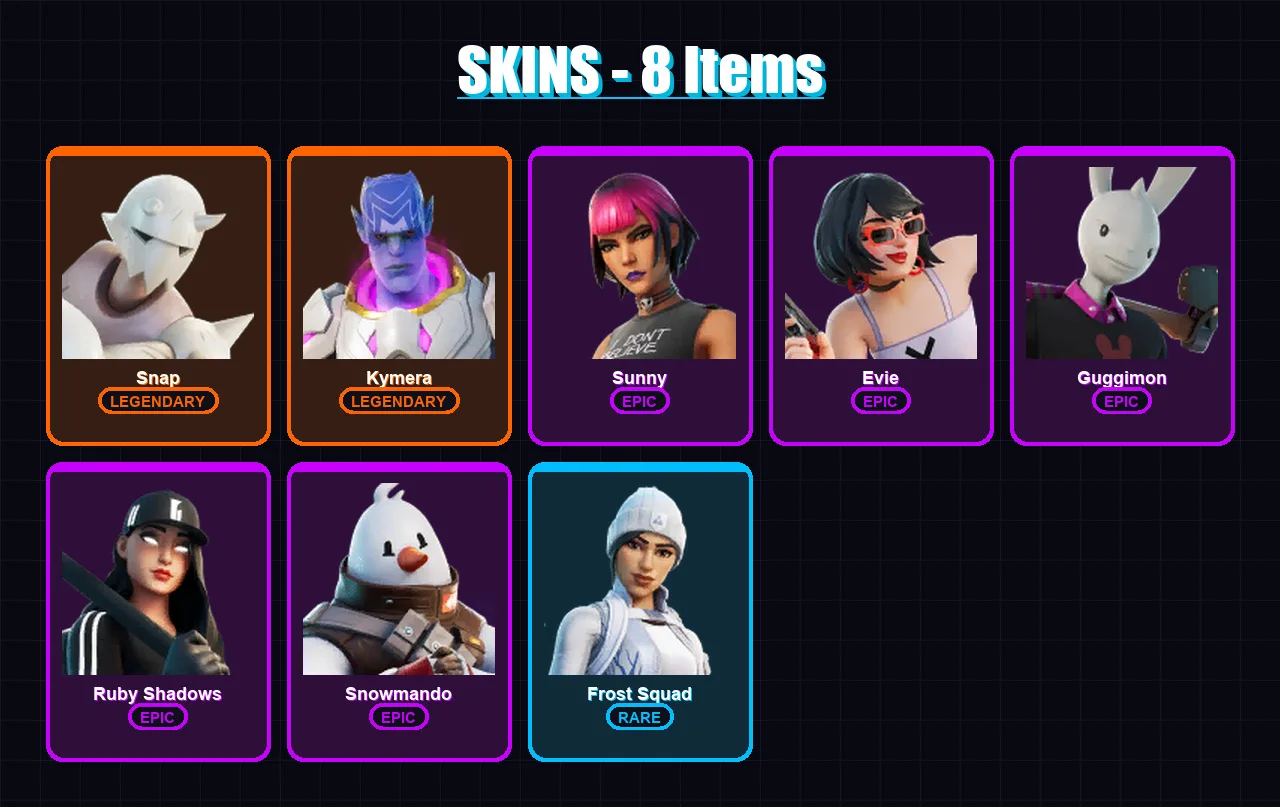 [PC/XBOX/PSN] | Snap | Kymera | Sunny | Evie | Guggimon | 8 skin | 13 pickaxe | 12 emote | 18 glider | Lv287