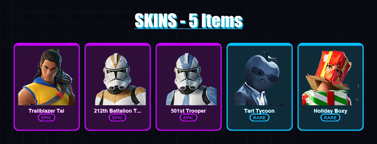 [PC/PSN] | Trailblazer Tai | 212th Battalion Trooper | 501st Trooper | Tart Tycoon | Holiday Boxy | 5 skin | 11 pickaxe | 17 emote | 14 glider | Lv2
