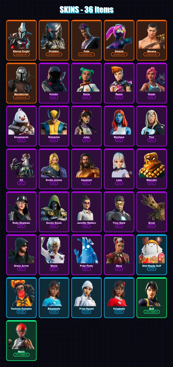 [PC/XBOX/PSN] | Eternal Knight | Predator | Fade | Galaxia | Menace | 36 skin | 56 pickaxe | 41 emote | 49 glider | Lv884