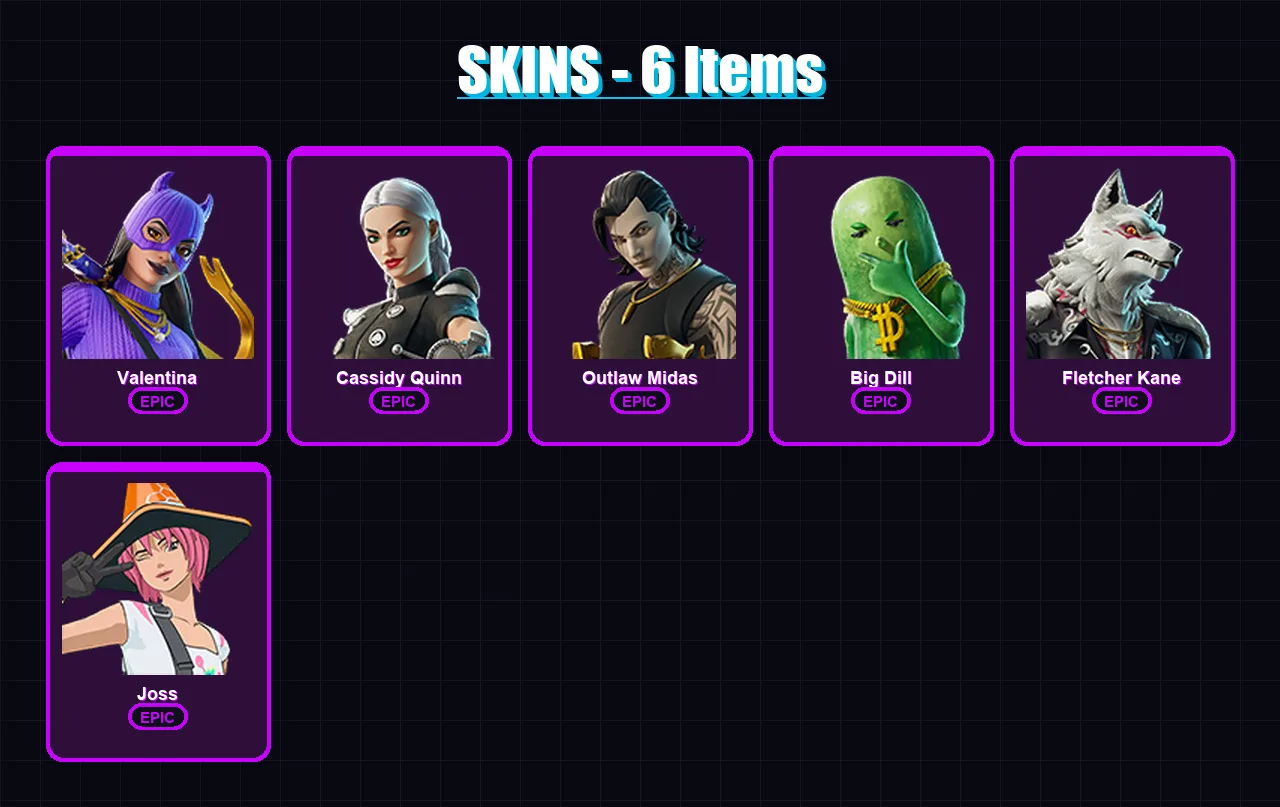 [PS4/PS5/XBOX/PC] | Valentina | Cassidy Quinn | Outlaw Midas | Big Dill | Fletcher Kane | 6 skin | 13 pickaxe | 9 emote | 11 glider | Lv73