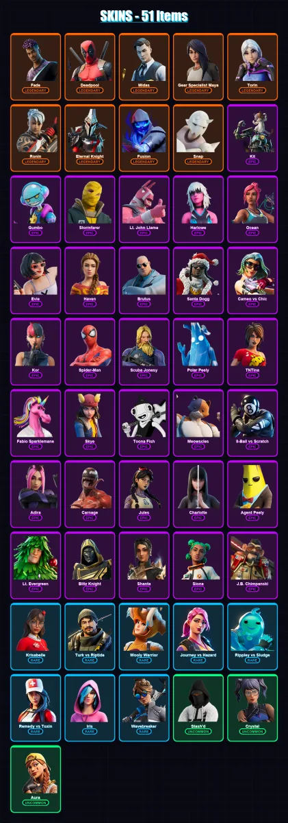 [PC/PSN] | Fade | Deadpool | Midas | Gear Specialist Maya | Torin | 51 skin | 108 pickaxe | 76 emote | 100 glider | Lv2132