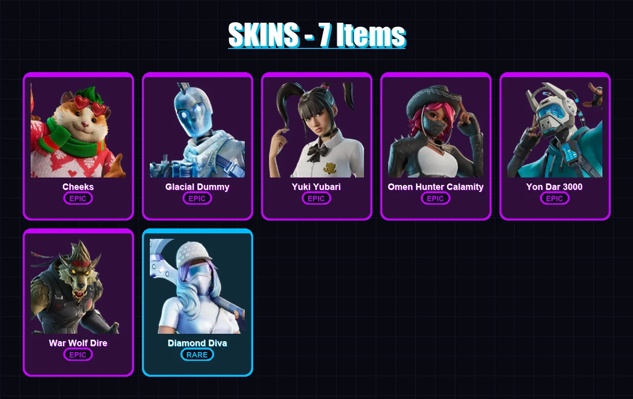 [PC/XBOX/PSN] | Cheeks | Glacial Dummy | Yuki Yubari | Omen Hunter Calamity | Yon Dar 3000 | 7 skin | 37 pickaxe | 18 emote | 22 glider | Lv456