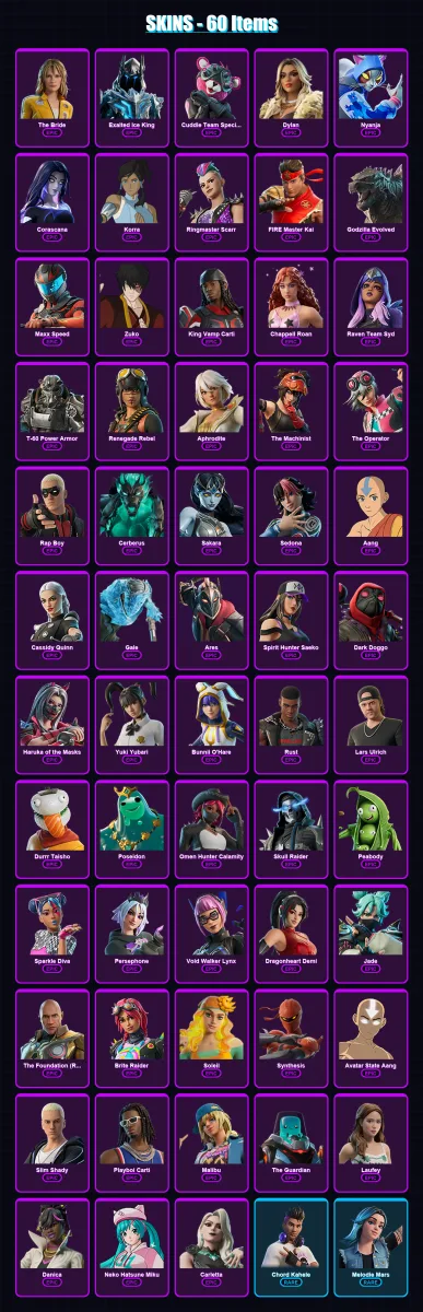 [PC/XBOX/PSN] | The Bride | Exalted Ice King | Cuddle Team Specialist | Dylan | Nyanja | 60 skin | 49 pickaxe | 26 emote | 28 glider | Lv185
