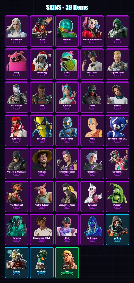 [PC/XBOX/PSN] | Emma Frost | Tatsuo | Mysterio | Rebirth Harley Quinn | Doom | 38 skin | 96 pickaxe | 41 emote | 51 glider | Lv807