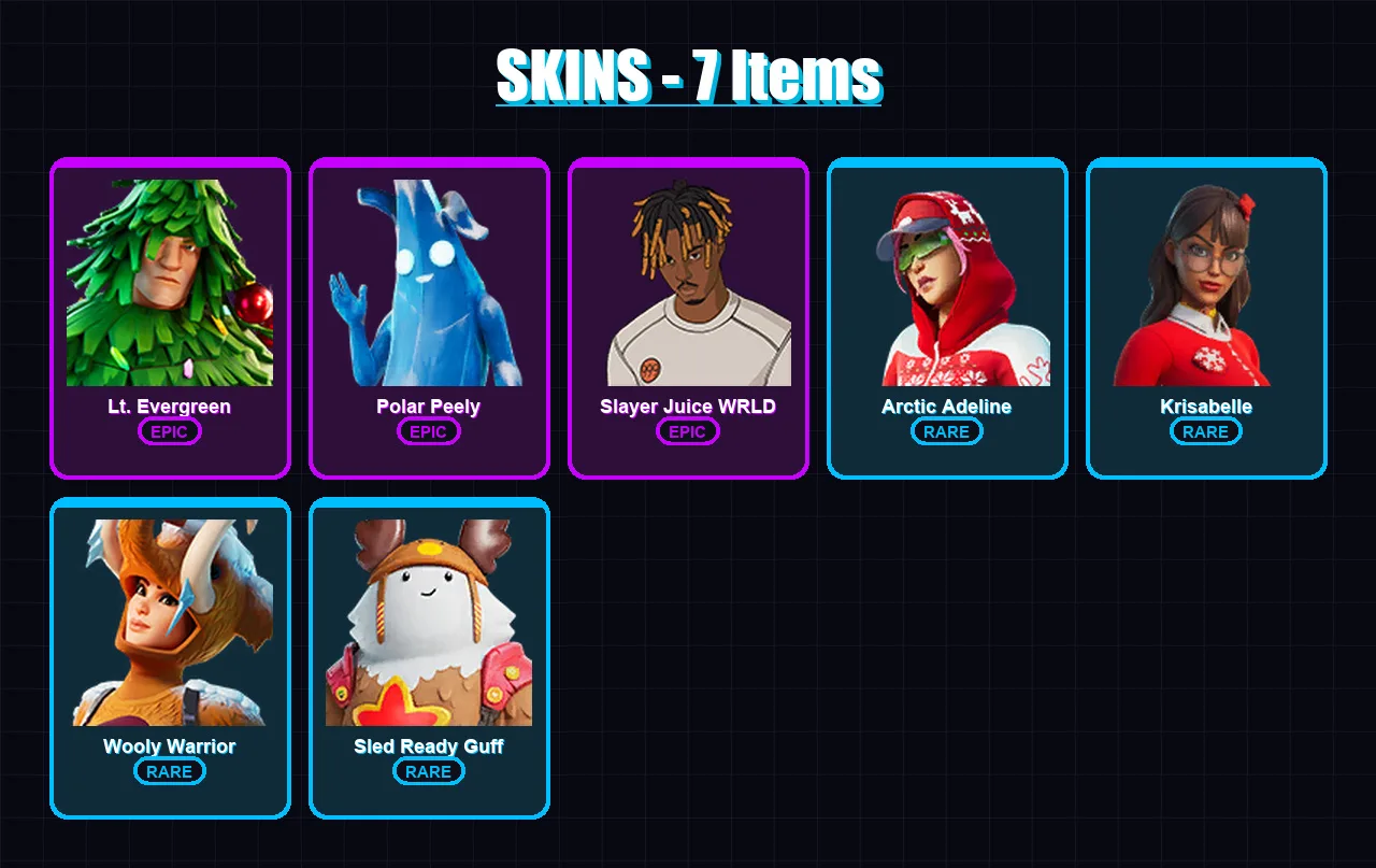 [PC/XBOX] | Lt. Evergreen | Polar Peely | Slayer Juice WRLD | Arctic Adeline | Krisabelle | 7 skin | 17 pickaxe | 23 emote | 21 glider | Lv378