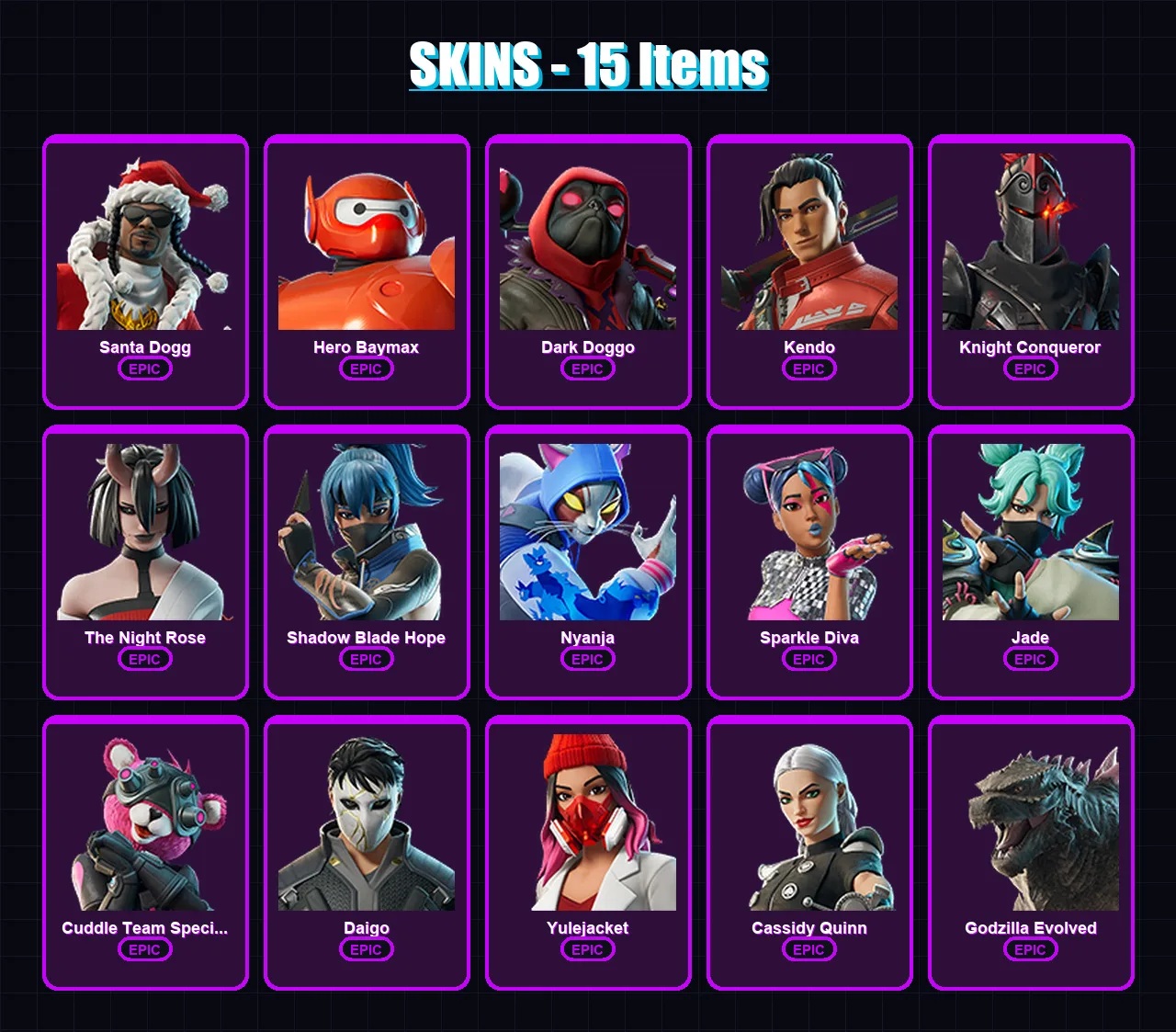 [SWITCH/XBOX/PC] | Santa Dogg | Hero Baymax | Dark Doggo | Kendo | Knight Conqueror | 15 skin | 24 pickaxe | 17 emote | 16 glider | Lv113