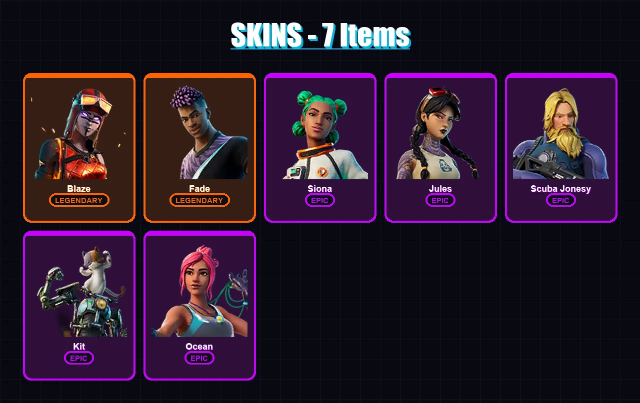 [PC/XBOX/PSN] | Blaze | Fade | Siona | Jules | Scuba Jonesy | 7 skin | 7 pickaxe | 15 emote | 14 glider | Lv158