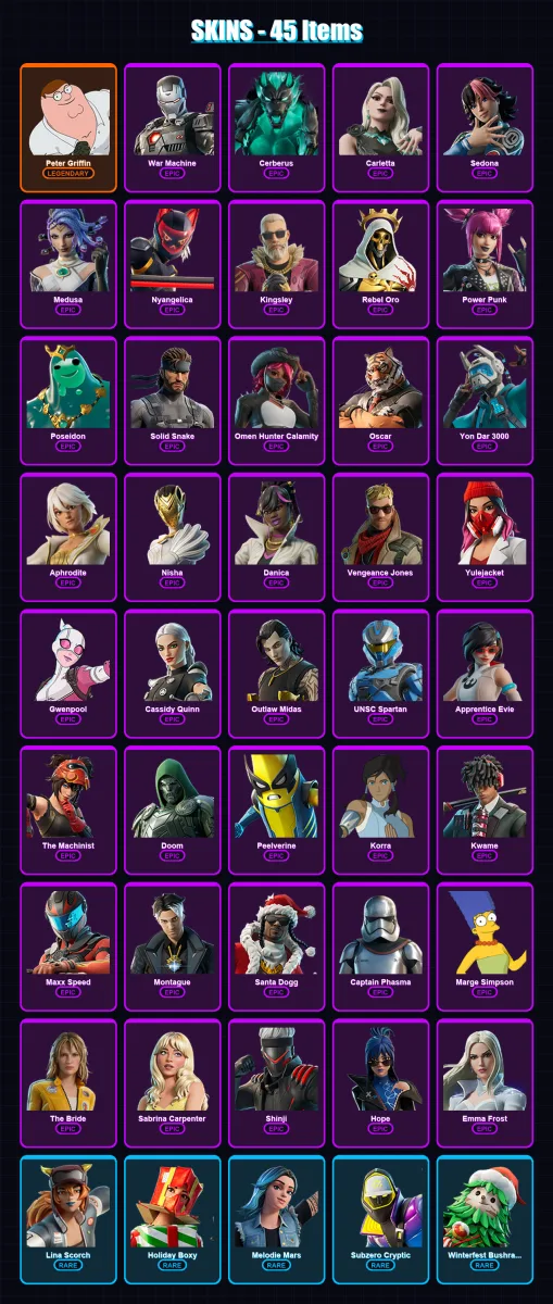 [PS4/PS5/XBOX/PC] | Peter Griffin | War Machine | Cerberus | Carletta | Sedona | 45 skin | 56 pickaxe | 37 emote | 35 glider | Lv303