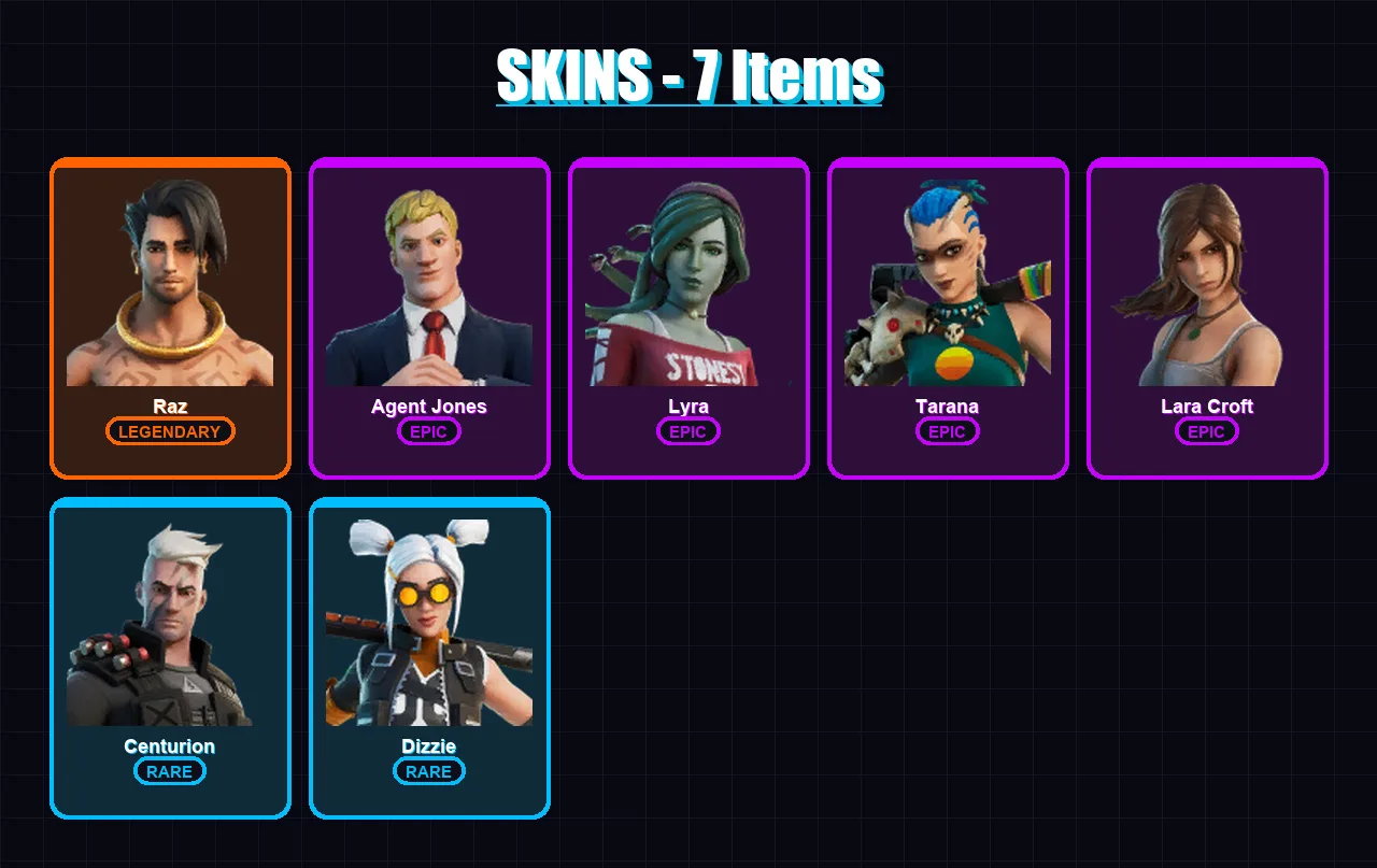 [PS4/PS5/XBOX/PC] | Raz | Agent Jones | Lyra | Tarana | Lara Croft | 7 skin | 7 pickaxe | 6 emote | 7 glider | Lv69