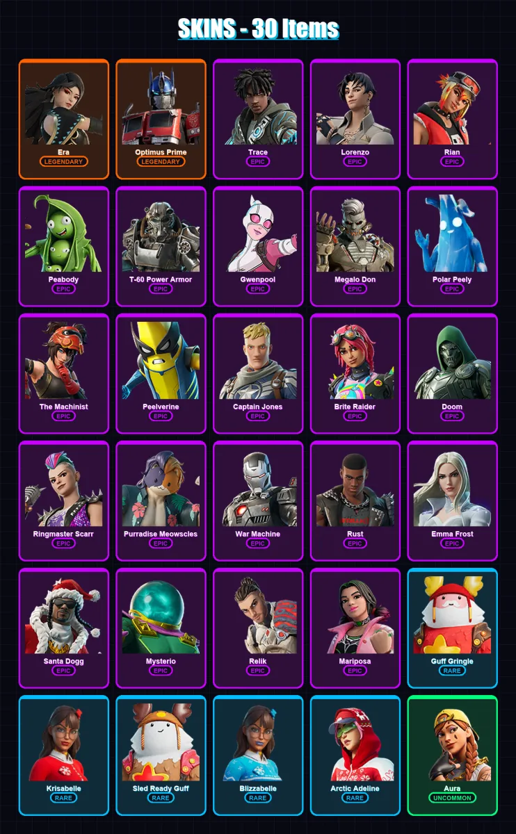 [PC/XBOX] | Era | Optimus Prime | Trace | Lorenzo | Rian | 30 skin | 73 pickaxe | 51 emote | 67 glider | Lv878