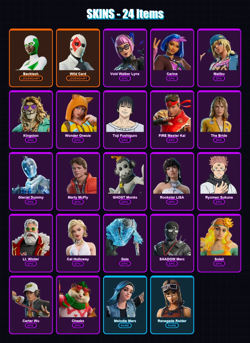 [PC/XBOX/PSN] | Backlash | Wild Card | Void Walker Lynx | Carina | Malibu | 24 skin | 25 pickaxe | 17 emote | 14 glider | Lv93 — Fortnite account