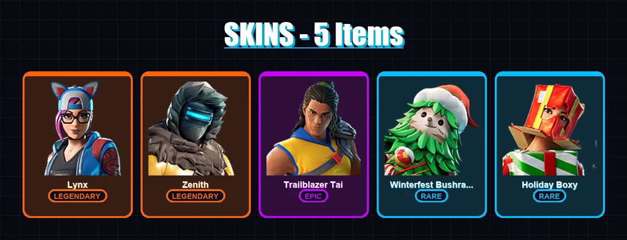 [PC/XBOX/PSN] | Lynx | Zenith | Trailblazer Tai | Winterfest Bushranger | Holiday Boxy | 5 skin | 8 pickaxe | 4 emote | 8 glider | Lv105