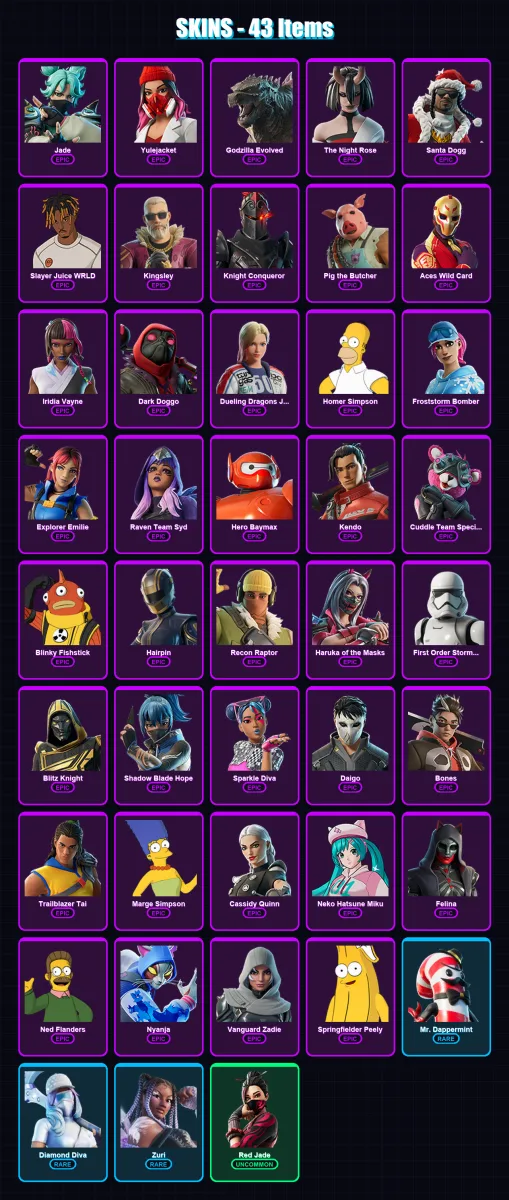 [PS4/PS5/XBOX/PC] | Jade | Yulejacket | Godzilla Evolved | The Night Rose | Santa Dogg | 43 skin | 104 pickaxe | 57 emote | 63 glider | Lv1230