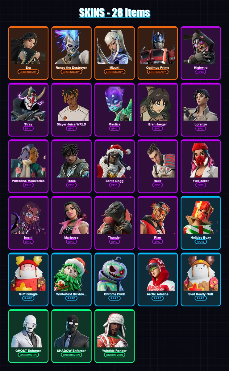 [PC/XBOX/PSN] | Era | Renzo the Destroyer | Mizuki | Optimus Prime | Highwire | 28 skin | 49 pickaxe | 30 emote | 46 glider | Lv736 — Fortnite account