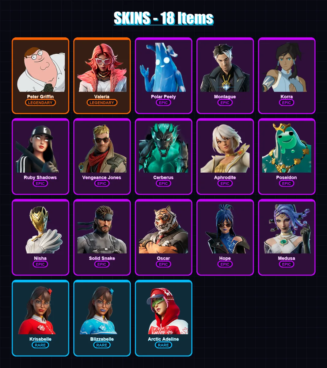 [PC/XBOX/PSN] | Peter Griffin | Valeria | Polar Peely | Montague | Korra | 18 skin | 35 pickaxe | 33 emote | 34 glider | Lv552