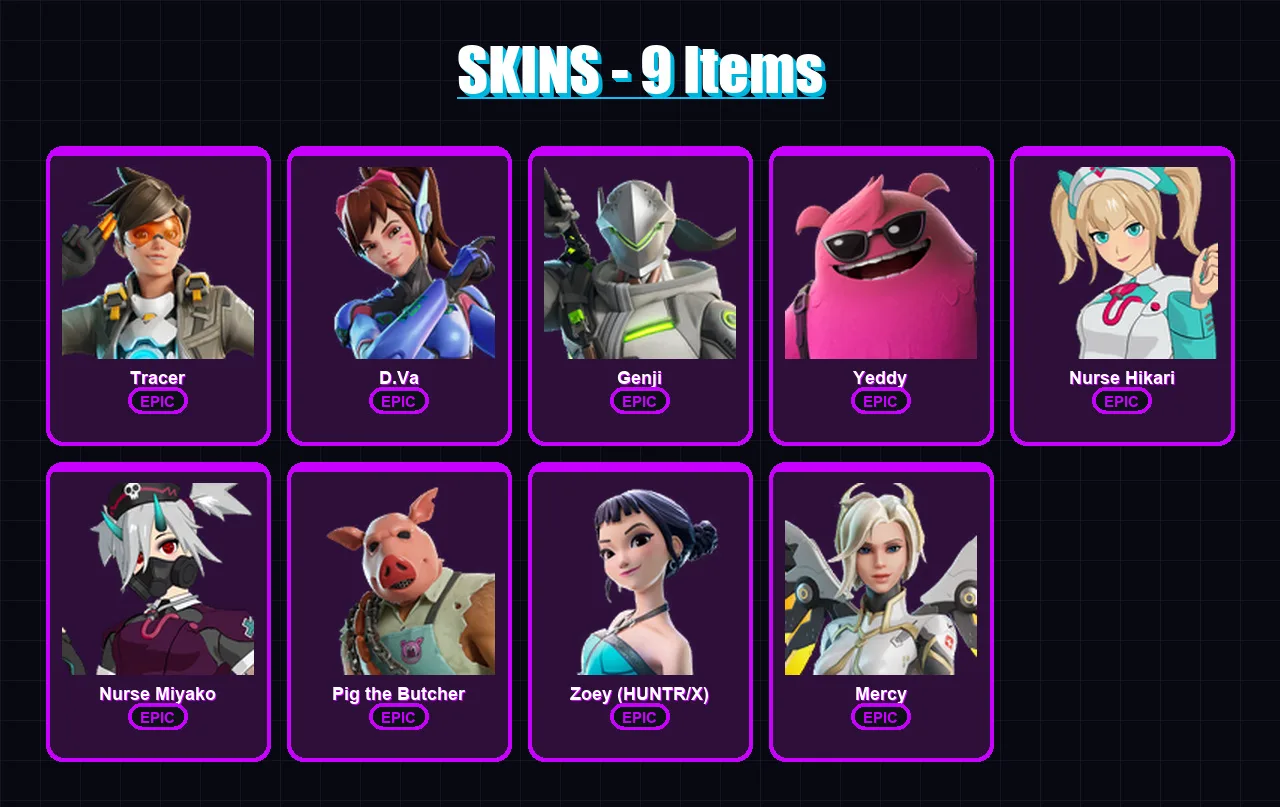 [PC/XBOX/PSN] | Tracer | D.Va | Genji | Yeddy | Nurse Hikari | 9 skin | 17 pickaxe | 10 emote | 11 glider | Lv92