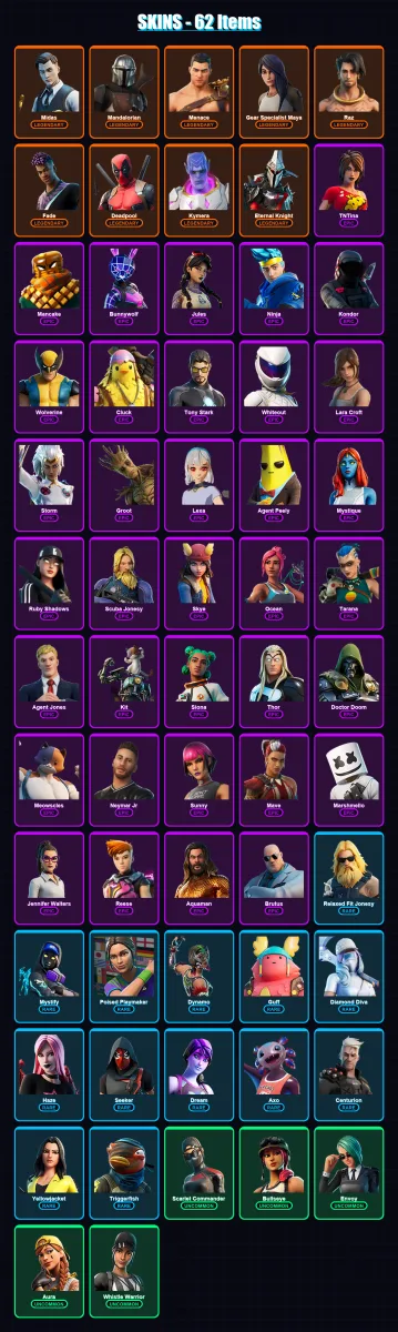 [PC/XBOX/PSN] | Midas | Mandalorian | Menace | Gear Specialist Maya | Raz | 62 skin | 52 pickaxe | 57 emote | 45 glider | Lv618