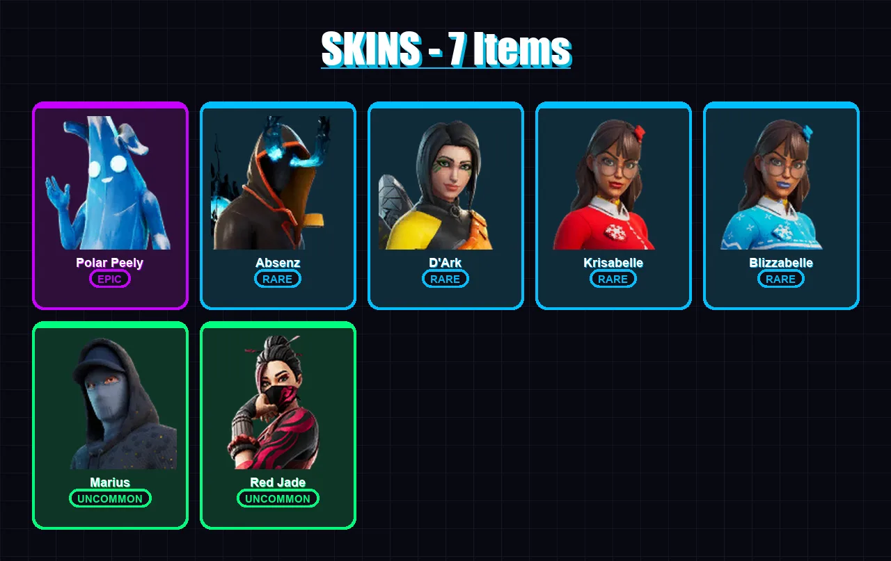 [PC/XBOX] | Polar Peely | Absenz | D'Ark | Krisabelle | Blizzabelle | 7 skin | 12 pickaxe | 12 emote | 8 glider | Lv132