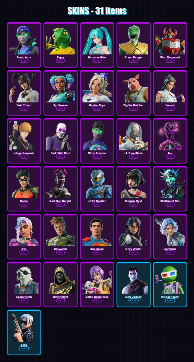[PC/PSN] | Fresh Aura | Ziggy | Hatsune Miku | Green Ranger | Dino Megazord | 31 skin | 62 pickaxe | 37 emote | 32 glider | Lv440