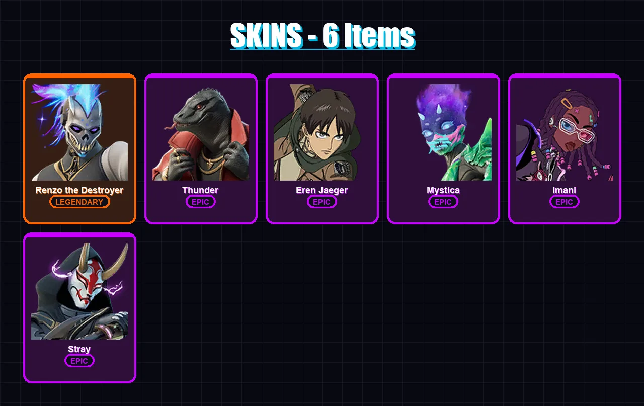 [PC/XBOX/PSN] | Renzo the Destroyer | Thunder | Eren Jaeger | Mystica | Imani | 6 skin | 10 pickaxe | 8 emote | 11 glider | Lv80