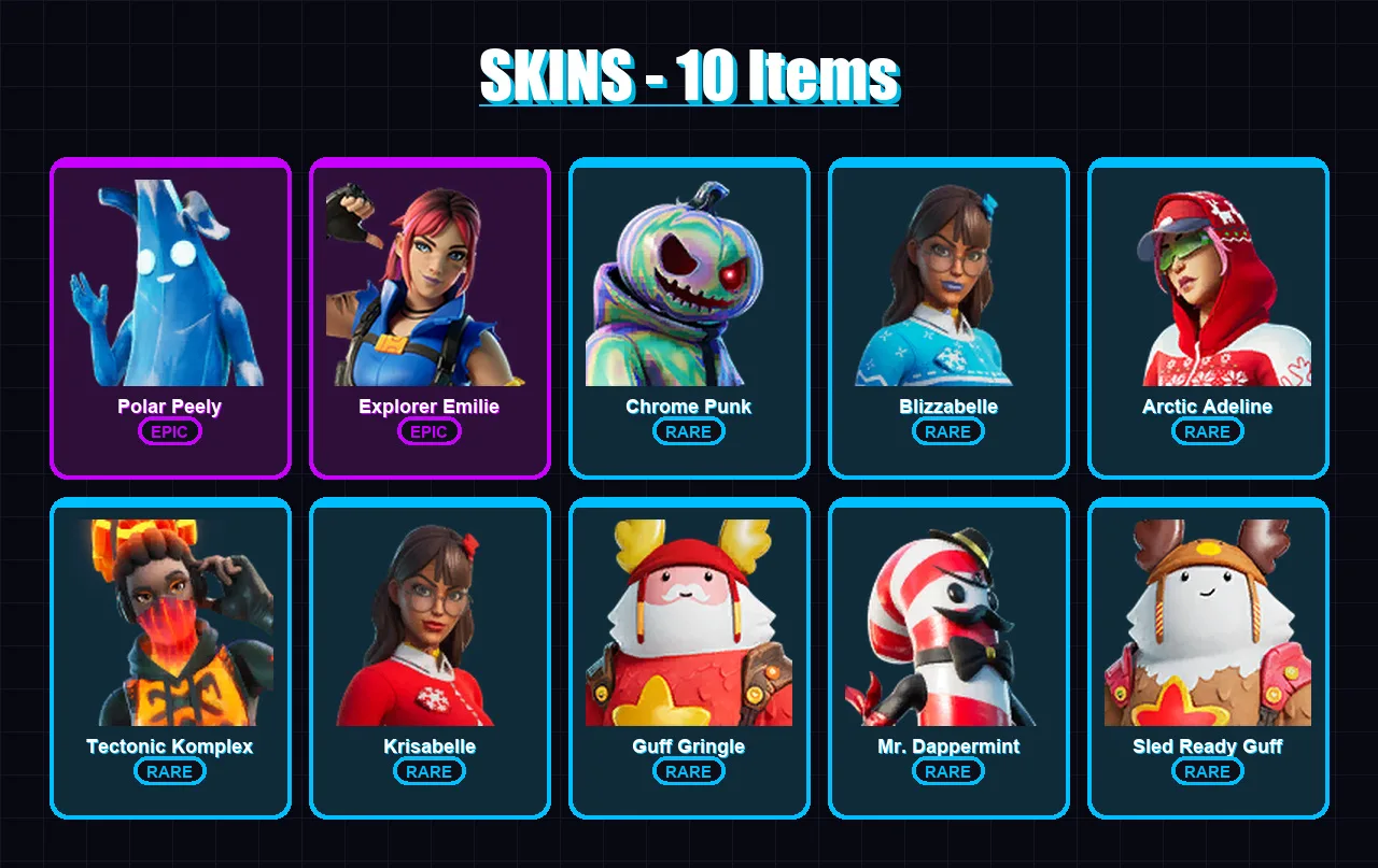 [PC/XBOX/PSN] | Polar Peely | Explorer Emilie | Chrome Punk | Blizzabelle | Arctic Adeline | 10 skin | 24 pickaxe | 23 emote | 20 glider | Lv461